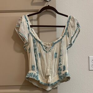 Free People Blue and Cream Boho Blouse